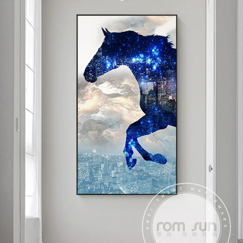 

Abstract Blue Running Horse Canvas Painting Nordic Art Wall Picture Home Decor Poster Print For Living Room Modern Decorative HD