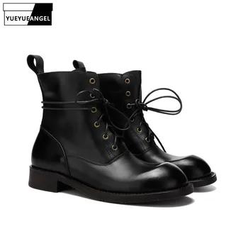 

Autumn Winter Man Round Toe Boots Retro Genuine Leather Lace Up Motorcycle Boots Brand Fashion Mid-Calf Cargo Men Shoes