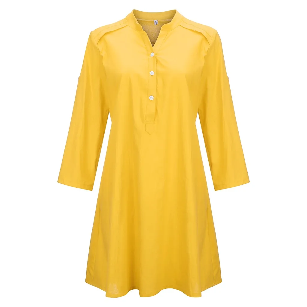 Повседневное платье женское рукав три четверти, мини летние платья женские с круглым вырезом однотонные офисные пляжные желтые платья robe femme