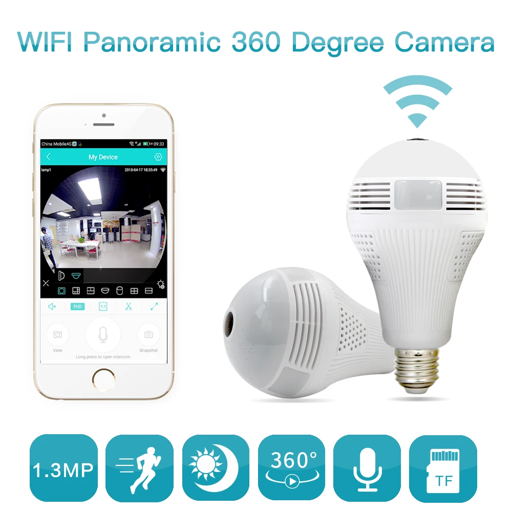 

Bulb Lamp Wireless IP Camera WiFi 960P Panoramic Fisheye Home Security CCTV Camera 360 Degree Night Vision Support 64GB