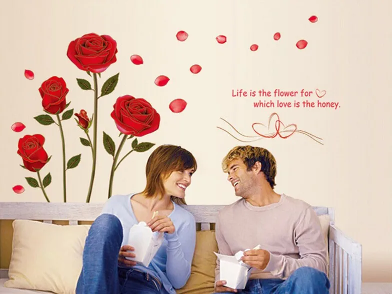 Новинка, съемная Наклейка на стену с изображением красной розы Life Is The Flower Quote, настенная наклейка, домашний декор для комнаты, романтическая, восхитительная, 6055