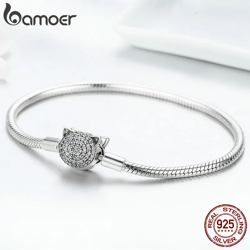 Женский браслет цепочка BAMOER из 100% 925 пробы серебра с милым котом сверкающим