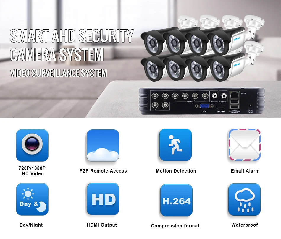 Smar 720P 1080P AHD Camera kit 8PCS Outdoor CCTV Camera System IR Security Camera Video Surveillance System 8CH DVR Kits (1)