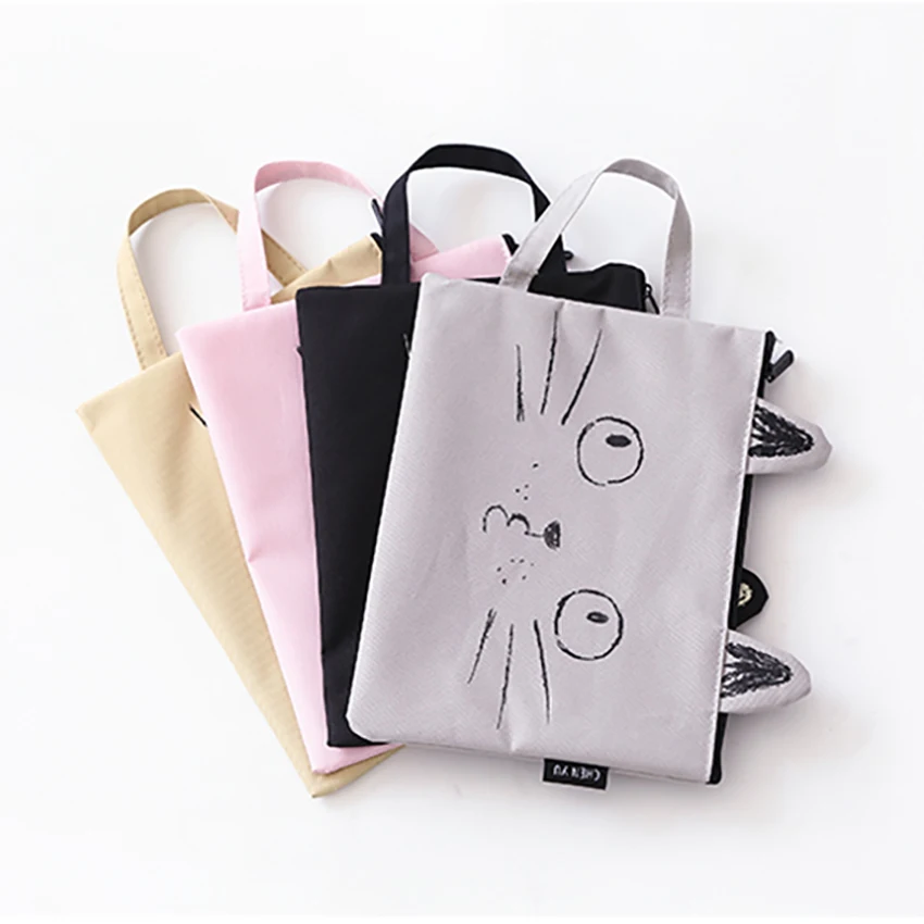 Cute Kitten Shape Canvas Handbag A4 Paper Holder File Folder Zipper Bag Cartoon School Office Supplies Data Document Storage | Канцтовары