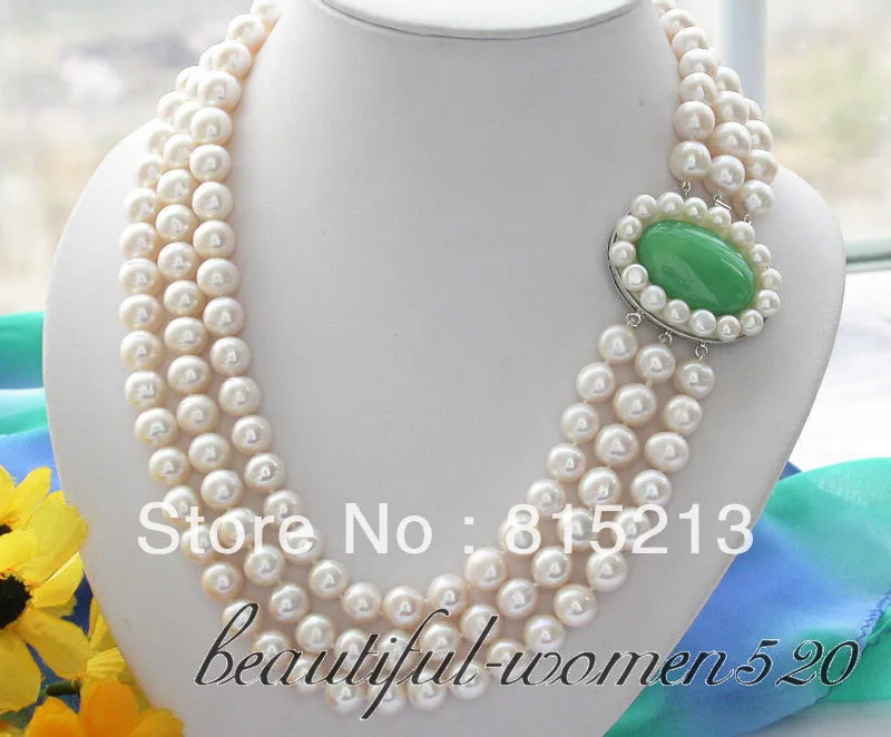 

FREE SHIPPING>>> HOT121 3row 9-10mm white round freshwater pearl necklace stone
