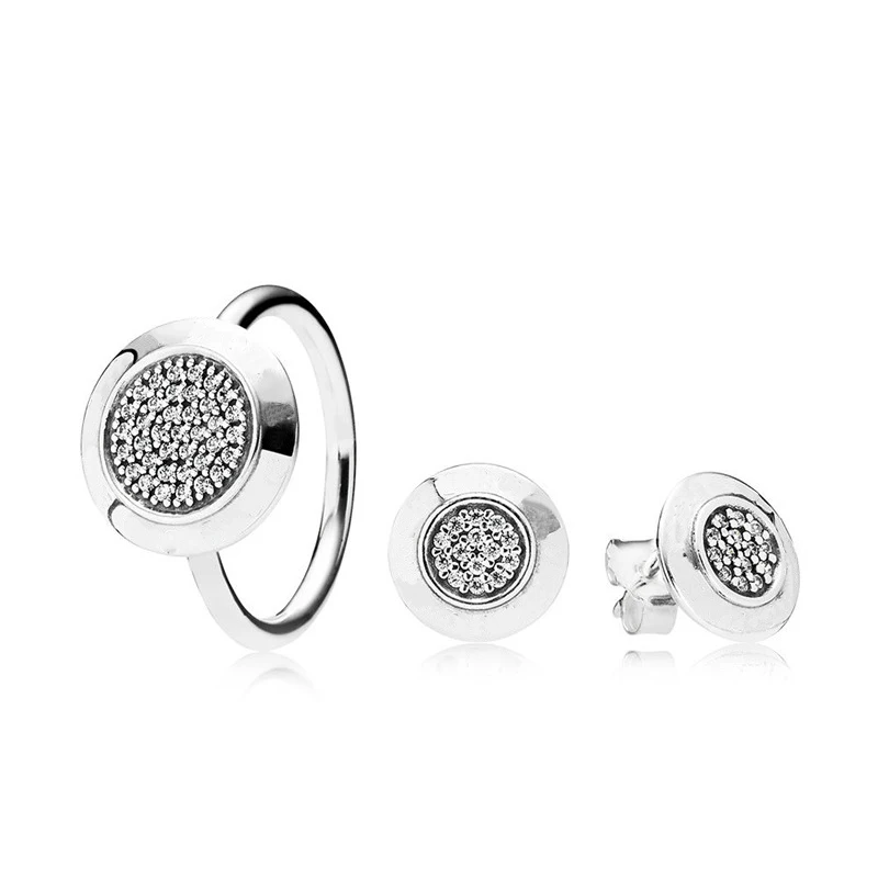 

Pandulaso Clear CZ Round Shape Signature Rings & Stud Earrings for Women Fashion Silver 925 Jewelry Sets Wedding Charm Gift Sets
