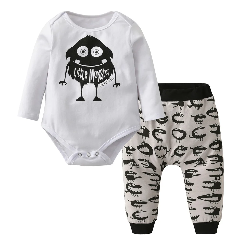 Повседневная одежда для младенцев; боди с длинными рукавами и рисунком маленького монстра для новорожденных; топы и штаны; комплект одежды для маленьких мальчиков; комплект из 2 предметов; одежда для малышей