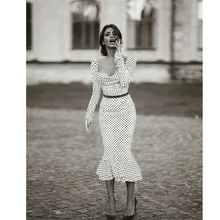 Elegant White Knotted Strap Polka-dot Mermaid Hem Summer Pencil Midi Dress Women Slim Bodycon Office Lady Ruffle Dresses tiered ruffle hem dot jacquard dress
