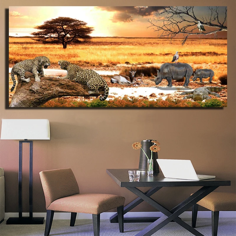 Африканские луга закат пейзаж плакаты и принты-Гепард и носорог картины для гостиной стены-животные картины