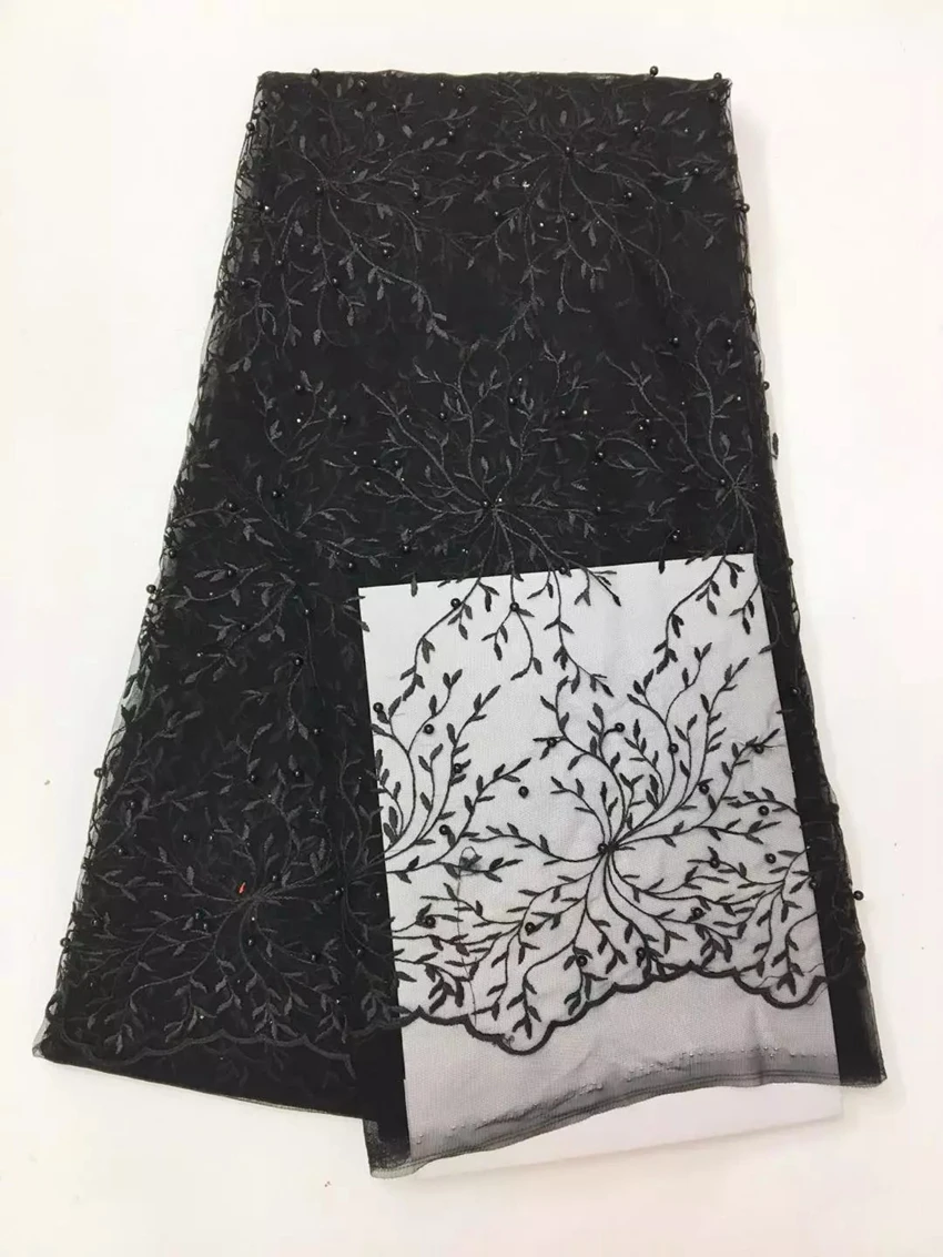 

2017 african cord lace High quality french lace tulle fabric with beads African net lace fabrics for dress black