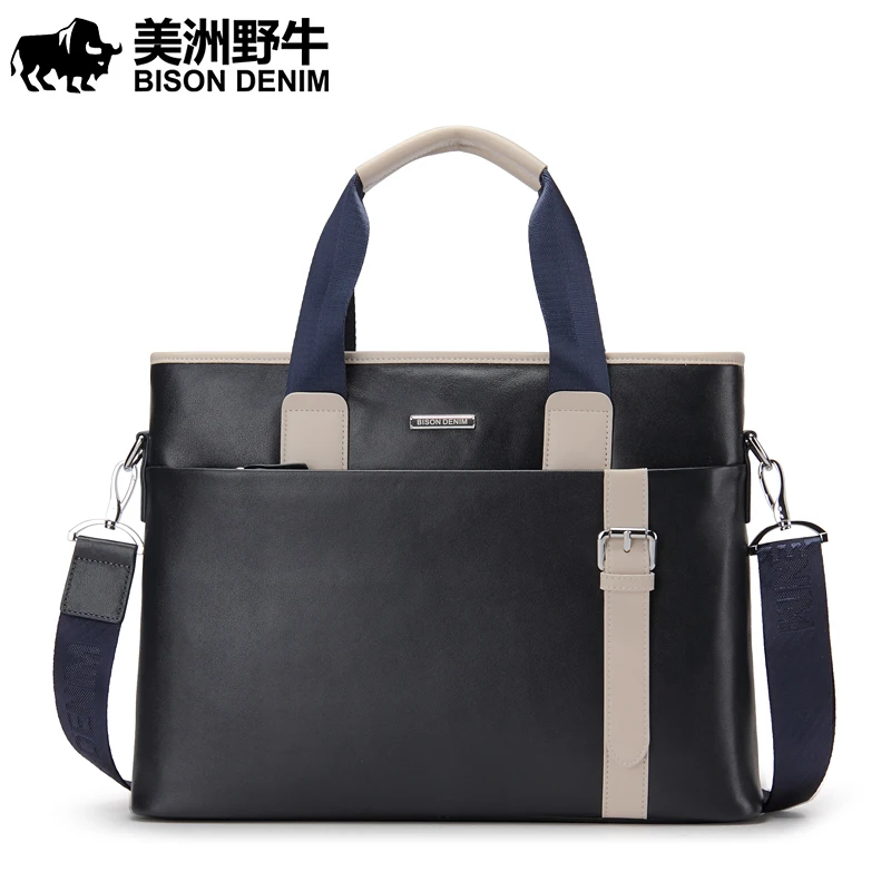 Brand Handbag BISON DENIM Men Shoulder Bags Messenger Bag Genuine Leather Briefcase Men's Business Casual Tote Laptop Bag