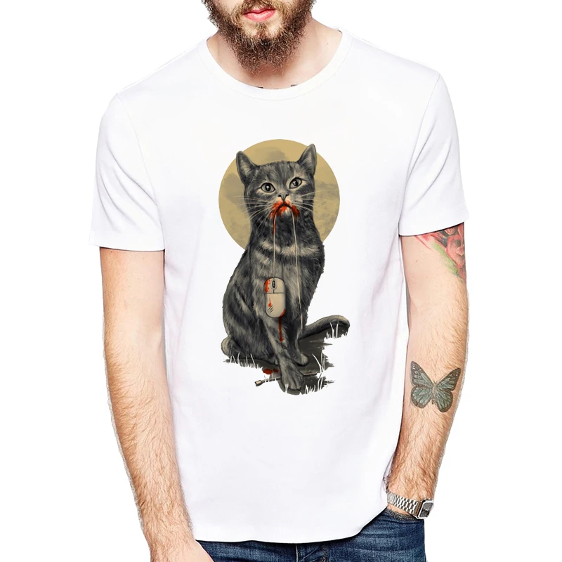 

Cat catch a mouse funny tshirt men 2019 summer new white short sleeve casual homme Funny design cool t shirt