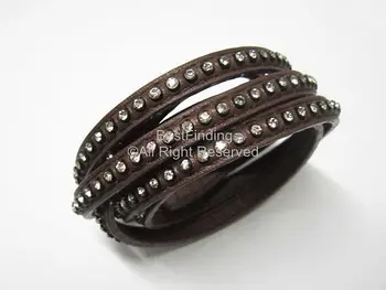 

6x2mm Brown Flat rhinestone leather cord Round crystal wrap bracelet cord