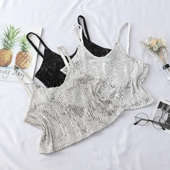 

HELIAR Women Summer V-Neck Lace Crop top Club Sexy Silk Tanks Top Shining Women Cloth Sleeveless High Waist Pleat Camisole