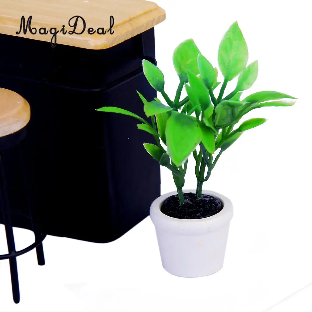MagiDeal High Sale 1/12 Scale Green Plant in White Pot Dollhouse Miniature for Office Kitchen Garden Acc Children Role Play Game
