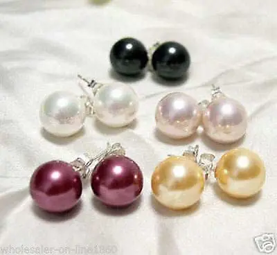 

Hot sell Noble- Free shipping@ Wholesale 5 pairs 8mm multicolor Genuine sea shell pearl silver Stud earrings
