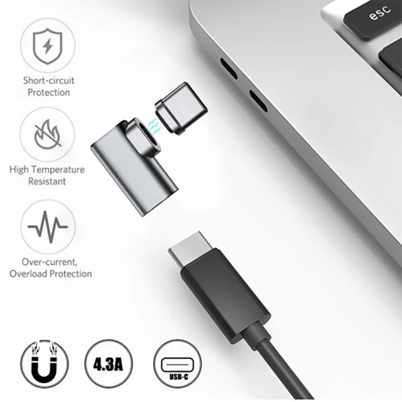 

4.3A Magnetic USB-C to USB-C Type C Charging Adapter 90 degree Bending Anti-Dust Plug Adapter Connector for Macbook Pro