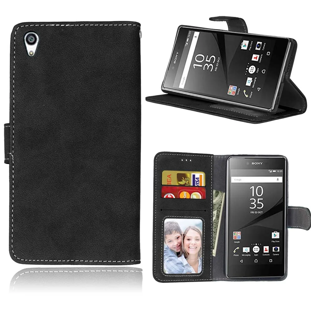 

Luxury Retro PU Frosted Flip Stand Leather+Soft Rubber TPU Case For Sony Xperia Z5 Premium / Dual / Z5 Plus,Card Slot Phone