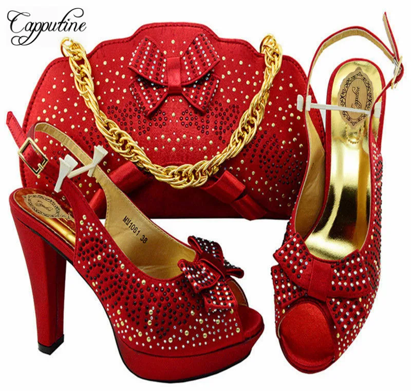 Capputine High Quality Italian Party Shoes And Matching Bag Set Fashion Decorated With Rhinestone Shoes And Purse Set MM10612