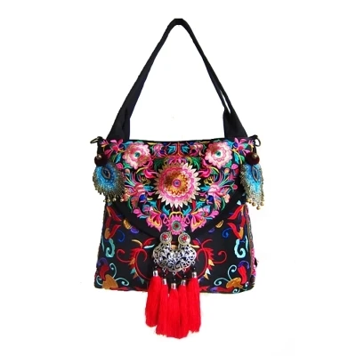 Brand canvas embroidered Women handbags Vintage handmade feather tassel bag National style shoulder messenger bags