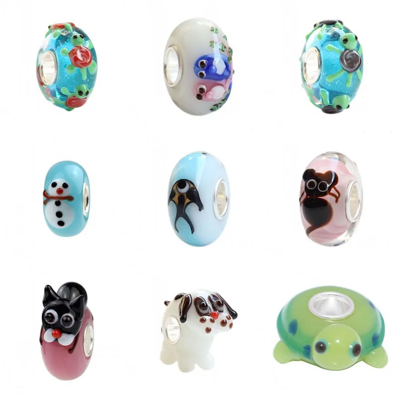 

925 Sterling Silver Large Hole 3D Dog Cat Fish Tortoise Animals Charm Glass Beads Fit European Bracelet Jewelry