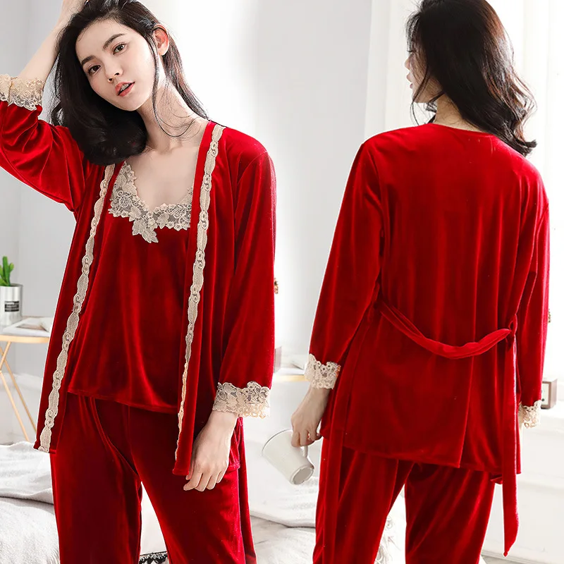 Сексуальные женские пижамные комплекты из 3 предметов: камзол+ халат+ штаны, пижама Mujer, осенне-зимняя бархатная Пижама для женщин - Цвет: Красный