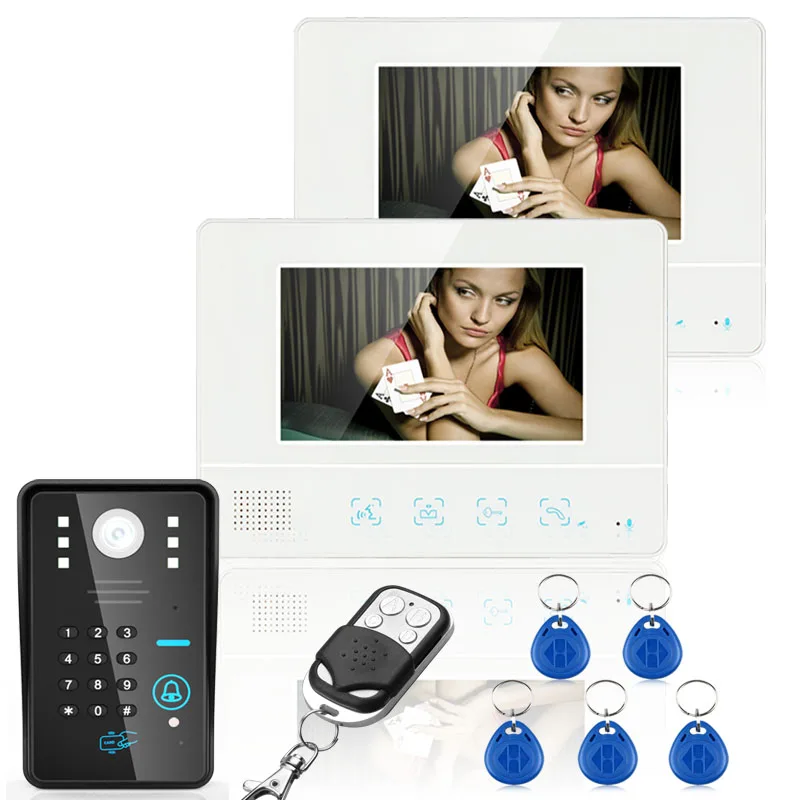 

Free Shipping! Wired Touch Key 7" Video Door Phone Intercom System 1 RFID Keypad Code Number Doorbell Camera 2 Monitor 1000TVL