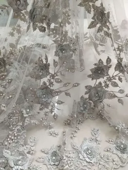 

5yards super delicate 3D flowers silver gray beaded lace fabric, embroidered bead 3d floral lace fabric for haute couture