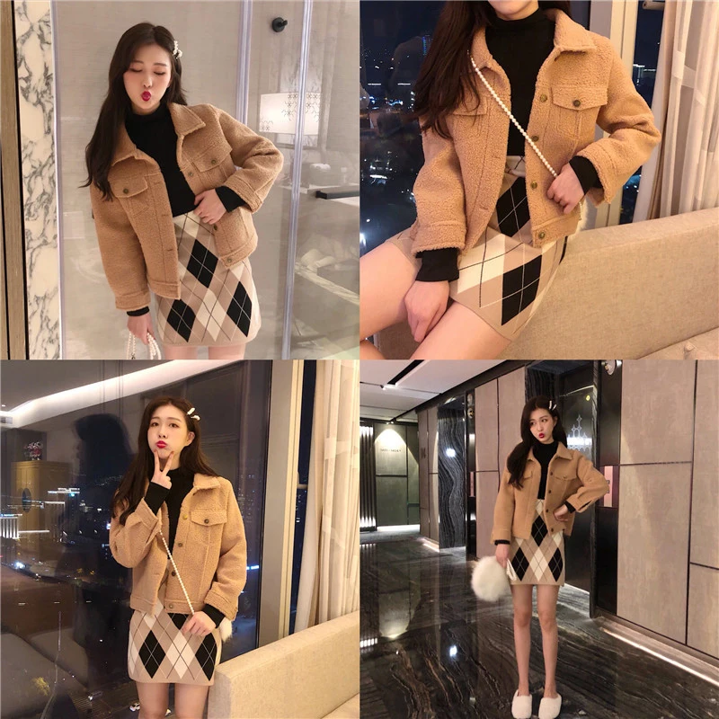 Pink Fur Coat Lamb Women Coat Streetwear Fleece Jacket  Fur Wool Short Jacket Womens Winter Coats Single-Breased Vintage Jacket