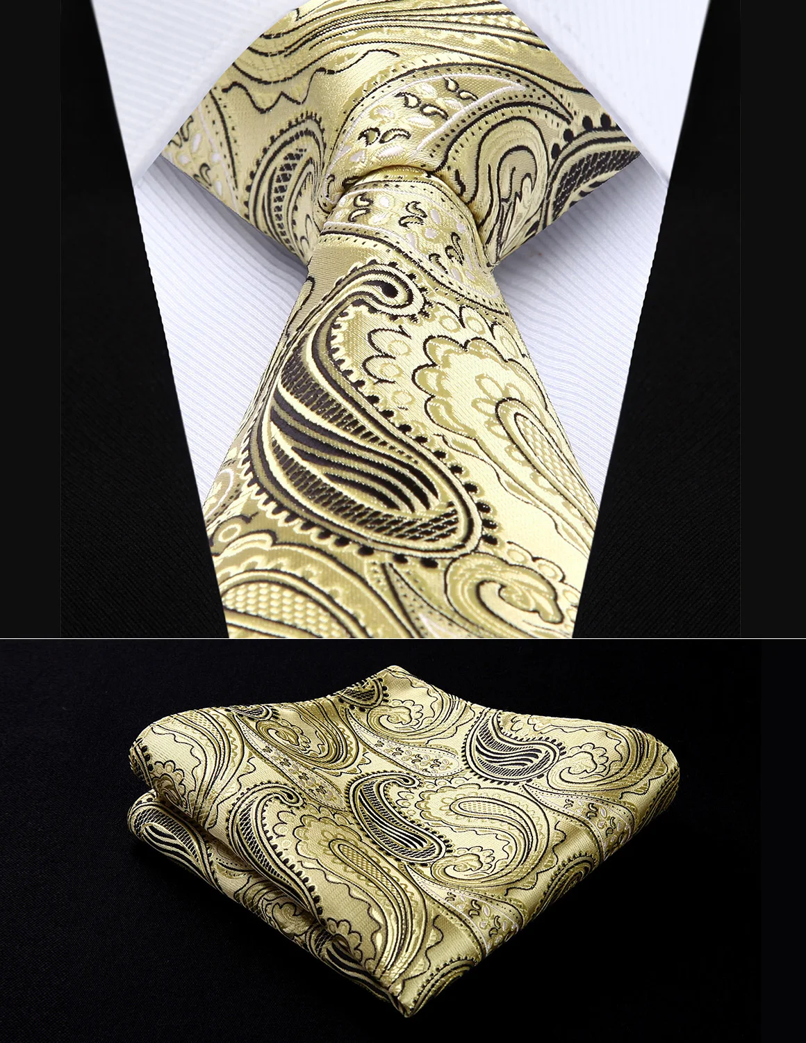 TP932D8S Gold Black Paisley 3.4" Silk Woven Men Tie Necktie Handkerchief Set Party Wedding