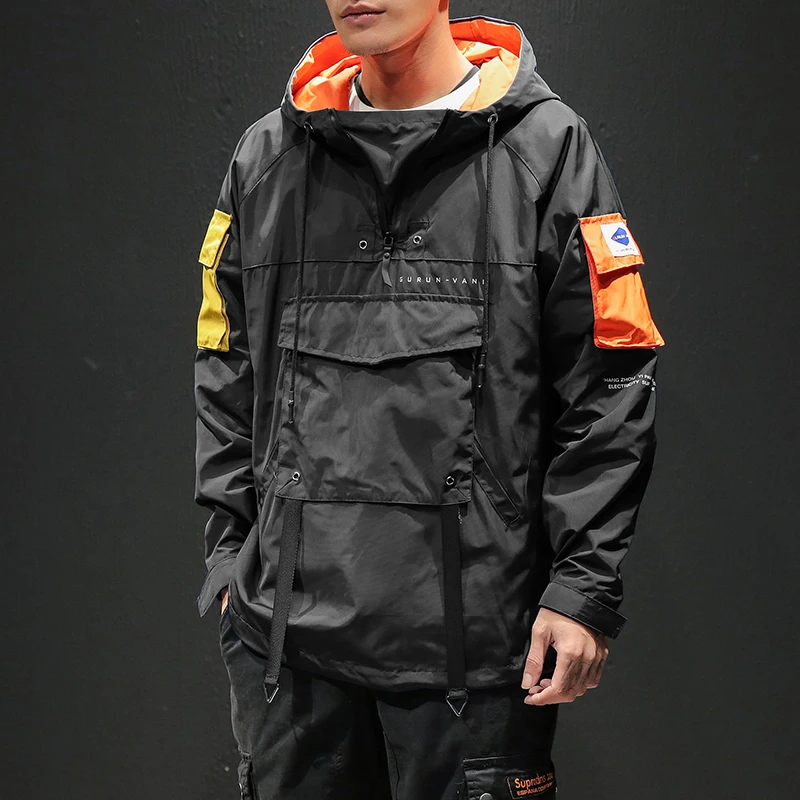 YASUGUOJI New 2019 Autumn Jacket Men Fashion Pocket Mens Cargo Jacket Men Windbreaker Hooded Hip Pop Streetwear Jacket Men
