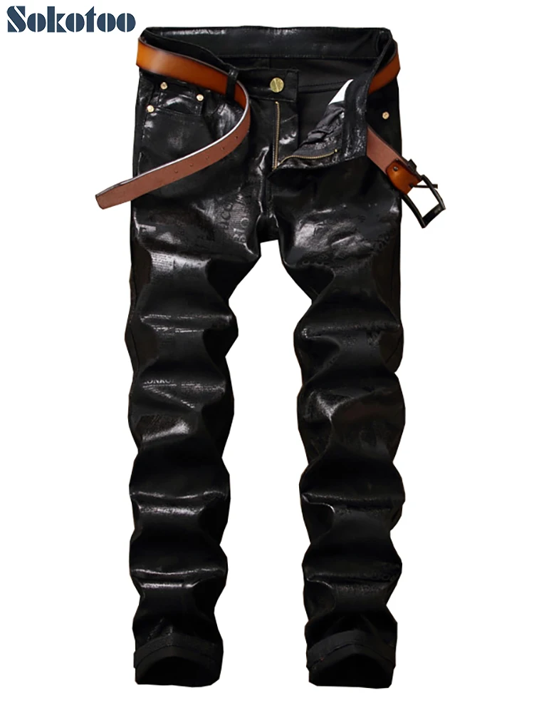 

Sokotoo Men's letters coated printed jeans Trendy slim fit black long pants