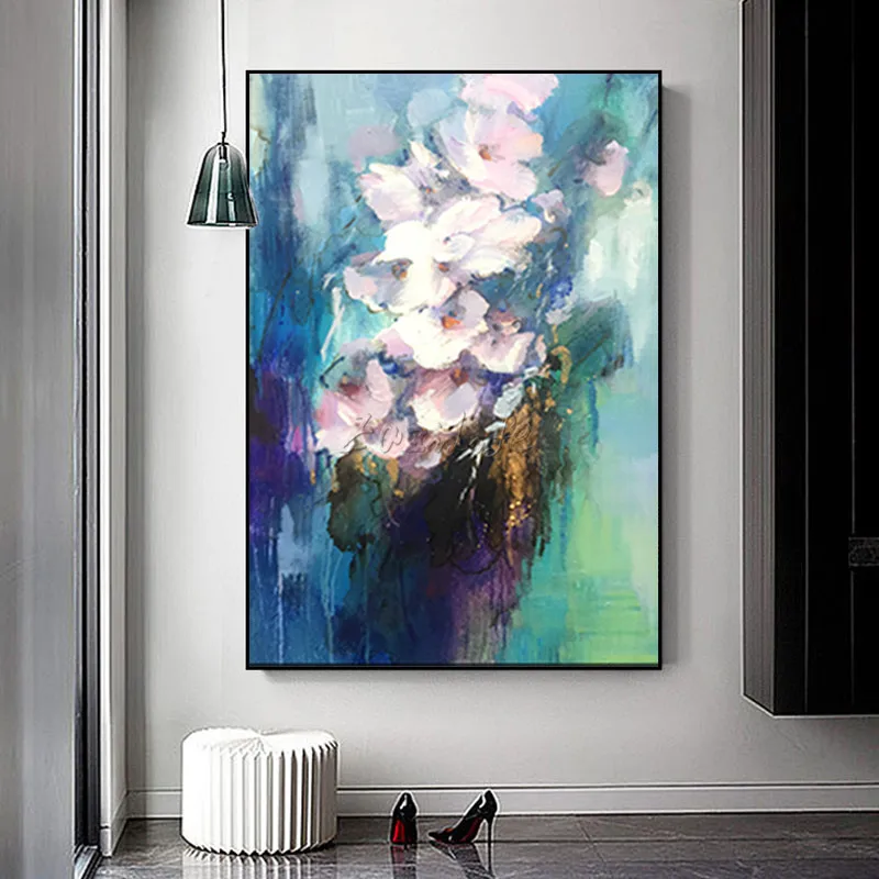 

Canvas oil painting caudros decoracion palette knife texture acrylic white flower Wall art Picture For Living Room Home Decor87