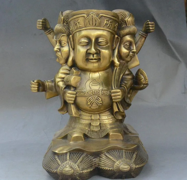 

15" Chinese Bronze Japan 3 Heads 6 arms Wealth God Mahakala Buddha Statue