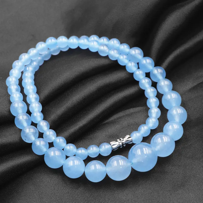 

6-14mm Round Beads Choker Necklace Natural Stone Aquamarines Pendant Necklaces Women Wedding Party Gifts Chain Jewelry 18" A847