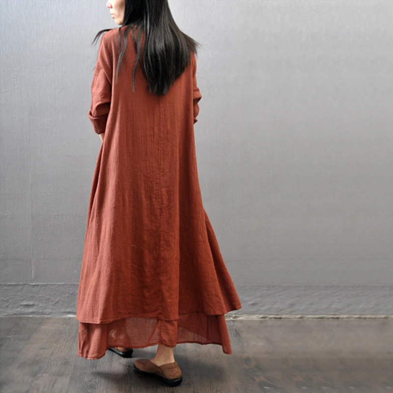 Johnature Cotton Color Women Maxi Dress 
