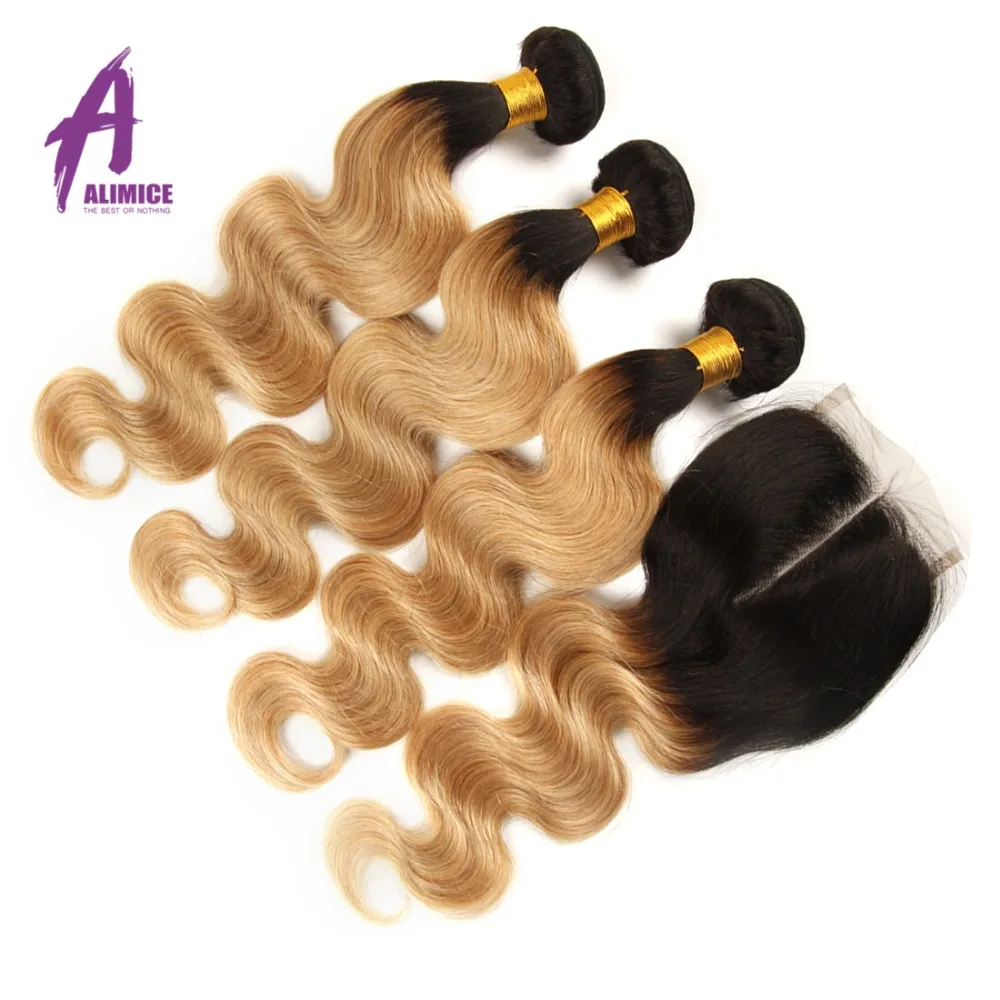 Alimice Indian Body Wave T1B27 Honey Blonde Ombre Hair 234 Bundles With Closure Remy Human Hair Weave Bundles With Closure (3)