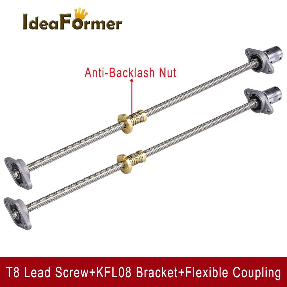 

1 Set T8 Lead 8mm Lead Screw + Anti backlash Spring Loaded Nut + 2pcs KFL08 Bearings Bracket + 5 to 8mm Coupling for 3D Printer.