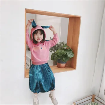 

Cute Clothes for Girls Pink Hoodies Green Gold Velvet Pleated Skirt Casual Children Clothing Set 2018 New Autumn Conjunto Menina