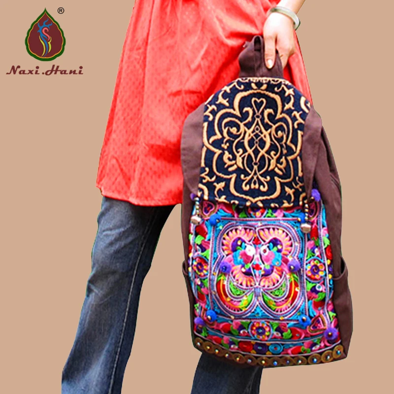Популярный бренд Naxi. Hani, модный винтажный коричневый холщовый женский рюкзак для путешествий, этнический женский рюкзак с вышивкой ручной работы и пайетками