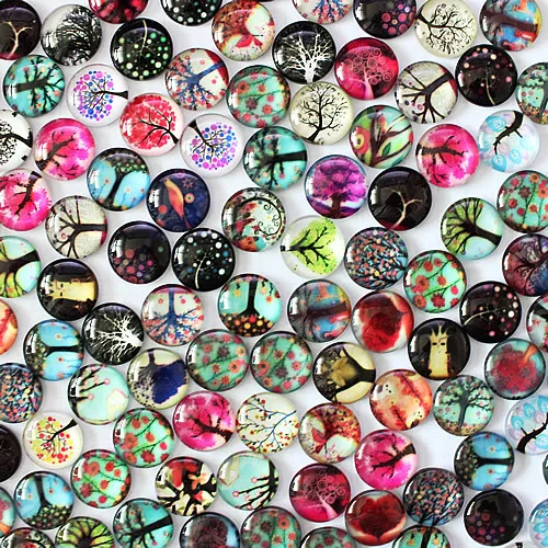 

10mm Round Mixed Random Life Tree In Pairs Pattern Glass Cabochon Flatback Photo Cabochons for Charm Base Accessories 50pcs/lot