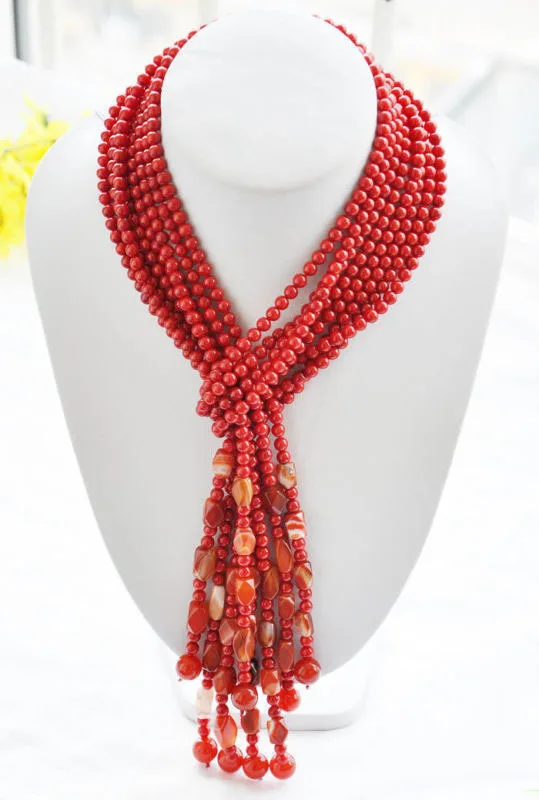 

W&O655 >100% real 4strands new 50" 6mm red coral agate bead necklace