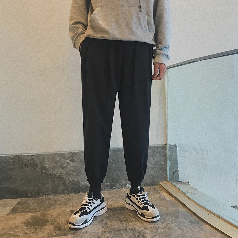 Fashion Casual Men's Cropped Trousers Autumn New M-2XL Solid Color Loose Beam Pants Black Gray Personality Youth Popular