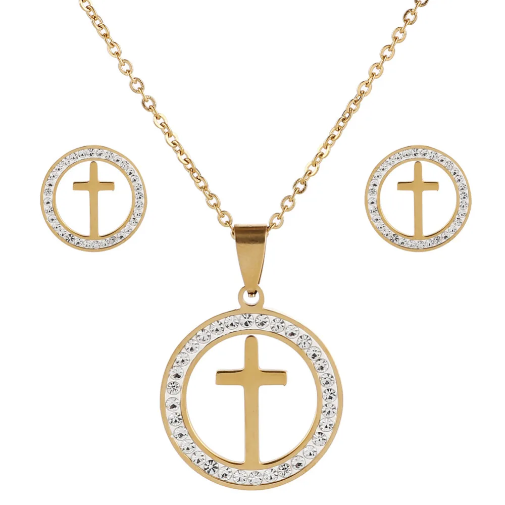 

ORCHYO Crystal Cross Round Pendant Necklace & Earrings Women Gold/Silver Color Stainless Steel Crucifix Jewelry Sets Christian