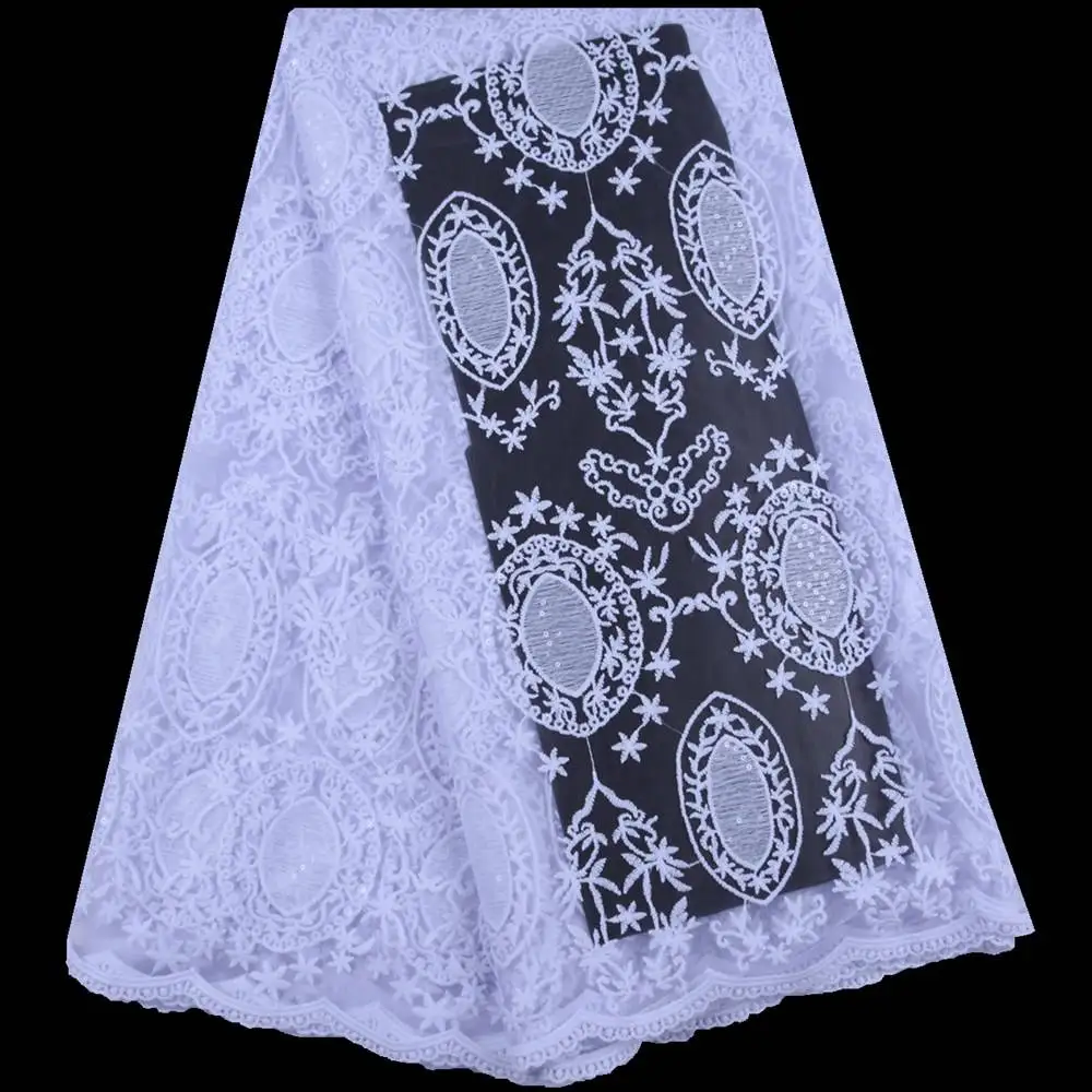 

White African Lace Fabric High Quality French Tulle Lace Fabric With Sequins Nigerian Lace Fabrics For Wedding Party Dress S1636