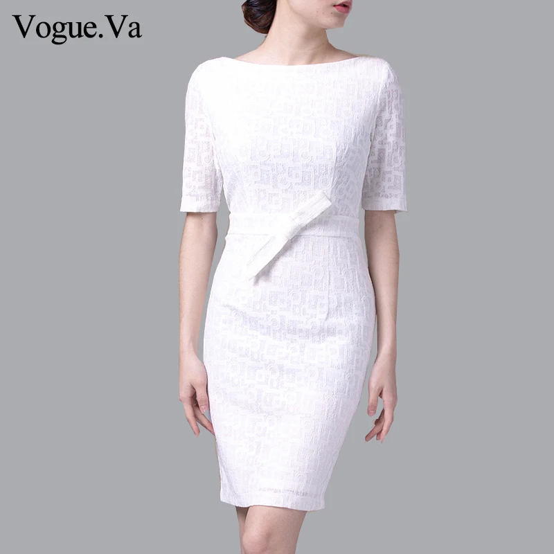 

New Fashion 2019 Summer Office Lady Dress Elegant O-neck Half Sleeve Solid Bow Slim Sweet White Lace Women's One-piece Dress