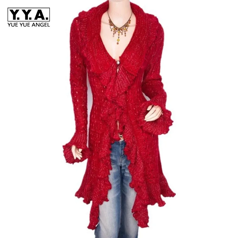 #^Special Price New Fall 2019 Womens Sweaters European Ruffled Sweater Cardigan Women Coat Sweet Slim V-Neck Long Female Cardigan Red Pull Femme