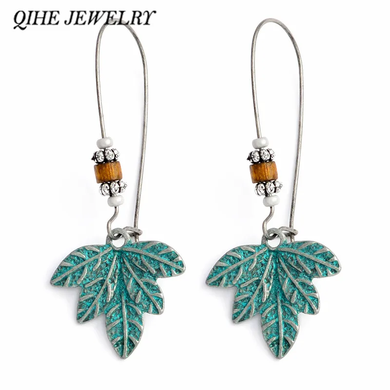 

QIHE JEWELRY Boho Verdigris Leaf Rustic Dangle Earrings Hippie Earrings Earrings for women Bohemian jewelry arete pendiente