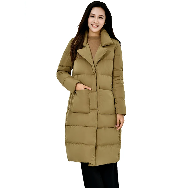 FTLZZ 2018 Winter New Ultra Light Duck Down Women Office Lady Stand Collar Overknee Loose Warm Parkas Coat Women