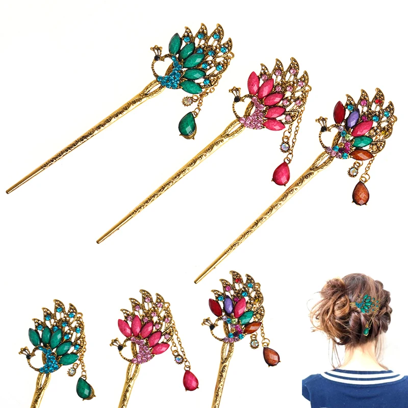 

1Pc Classical Retro Women Elegant Bobby Pin Colorful Hairpin Rhinestone Hair Stick Color Random Delivery- M15